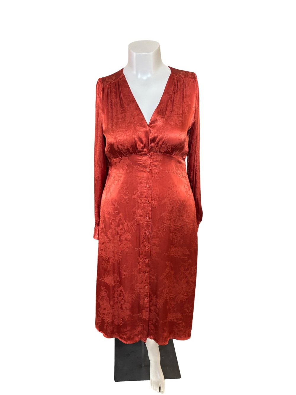 FRNCH Burnt Orange Satin V-Neck Midi Dress - Picture 3 of 5